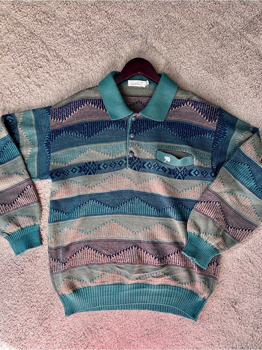 Vintage Arnold Palmer Green Multicolor Geometric Button-down Polo Sweater